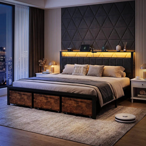 Sturdy King Size Platform Bed Frame With Handy Storage Headboard And Three Silent Glide Roll Away Drawers in modern bedroom.