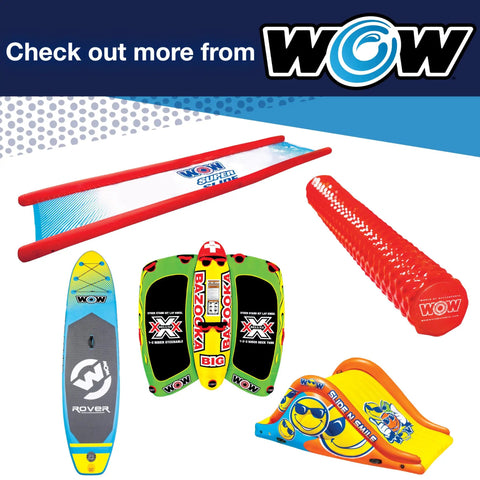 Inflatable towables and accessories from WOW displayed, suitable for use with 120V AC Inflator Pump For Inflatables, 600 L/min Airflow.