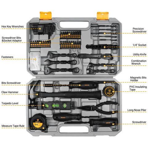 Ultimate 148 Piece Home Repair Tool Kit Set With Durable Chrome Finished Alloy Steel Tools in portable toolbox.