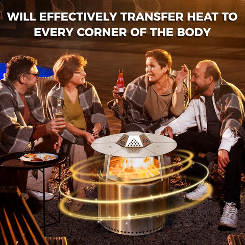 Group enjoying warmth from Heat Deflector For 27 Inch Fire Pits And Solo Stove Bonfire 1.0/2.0, 304 Stainless Steel With 3 Leg Design