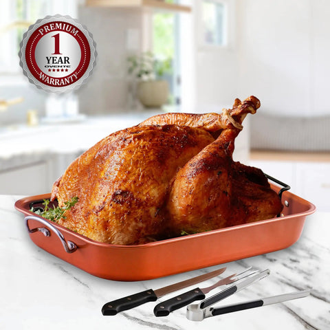 Stainless Steel Roasting Pan With V-Shape Rack And Carving Set 15 By 11.75 Inch Nonstick Roaster Tray holding roasted turkey
