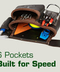6 Pocket Oil Tanned Leather Tool Belt with tools, heavy duty utility pouch for 29 to 46 inch waists, worksite ready
