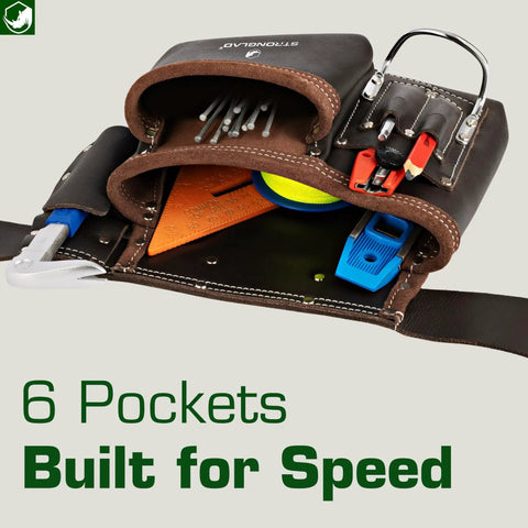 6 Pocket Oil Tanned Leather Tool Belt with tools, heavy duty utility pouch for 29 to 46 inch waists, worksite ready