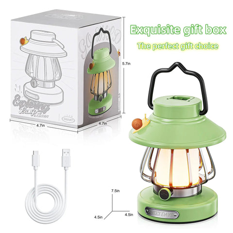 Green Snail Design Kids LED Lamp With USB Rechargeable Battery, shown with box and charging cable.