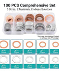 Oil Drain Plug Gasket Set, 100 Piece Crush Washer Kit, Copper And Aluminum, M10 M12 M14 M16 M18, organized in box
