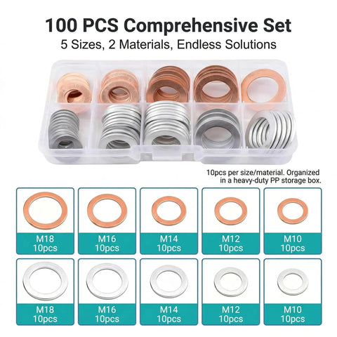 Oil Drain Plug Gasket Set, 100 Piece Crush Washer Kit, Copper And Aluminum, M10 M12 M14 M16 M18, organized in box