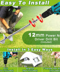 Installation guide for 18 Inch Ground Anchors Screw In Heavy Duty Earth Auger Stakes Kit with spiral blade and driver drill bit.