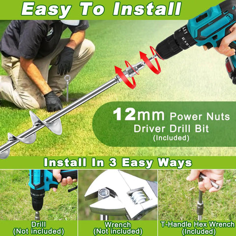 Installation guide for 18 Inch Ground Anchors Screw In Heavy Duty Earth Auger Stakes Kit with spiral blade and driver drill bit.