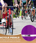 Cyclists riding on road with inset of purple anti-skid bicycle peg, showcasing '4 Pack Aluminum Alloy Bicycle Pegs For Three Eighths Inch Axles With Anti Skid Grip Fits Front And Rear For BMX Mountain Dirt Bikes Dope Green Purple'