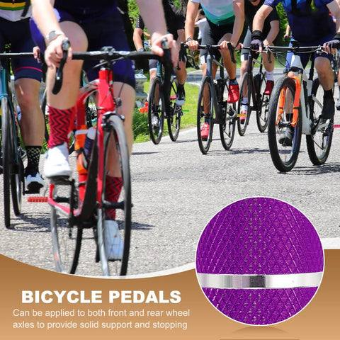 Cyclists riding on road with inset of purple anti-skid bicycle peg, showcasing '4 Pack Aluminum Alloy Bicycle Pegs For Three Eighths Inch Axles With Anti Skid Grip Fits Front And Rear For BMX Mountain Dirt Bikes Dope Green Purple'