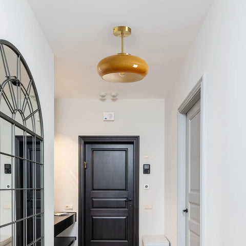 Mid Century Semi Flush Mount Ceiling Light With Glass Shade, Modern Hallway Fixture For Entryway And Kitchen, Orange Finish, UL Listed