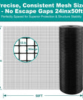 Kickass Black Hardware Cloth 1/2 Inch By 24 Inches By 50 Feet Long 19 Gauge Premium grade welded steel mesh, showing detailed grid structure.