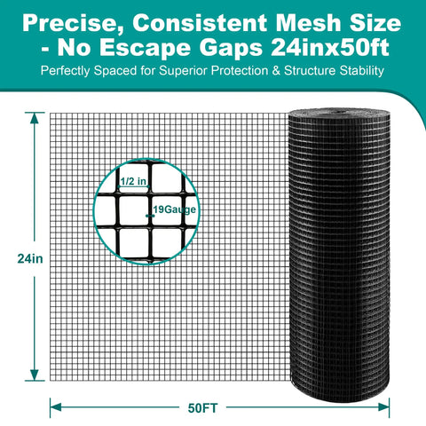 Kickass Black Hardware Cloth 1/2 Inch By 24 Inches By 50 Feet Long 19 Gauge Premium grade welded steel mesh, showing detailed grid structure.