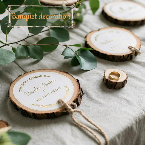 Ready To Hang Wood Slices Craft Kit With 20 Natural Pine Discs And 8M Hemp Rope Pre-Drilled With 3mm Holes on table