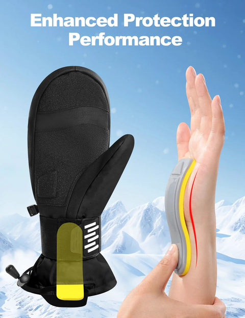Waterproof Ski Mittens For Men And Women With Pocket And Wrist Guard Touchscreen Compatible Snow Gloves padded insert shown