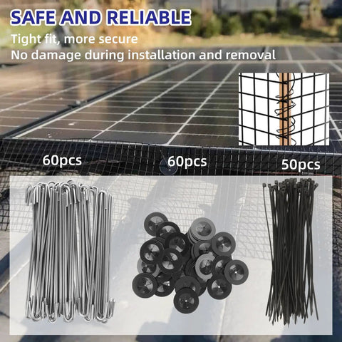 Zero Drama Setup 1/2 Inch Solar Panel Critter Guard Mesh 100 Feet kit components including clamps, stakes, and ties on solar panels.