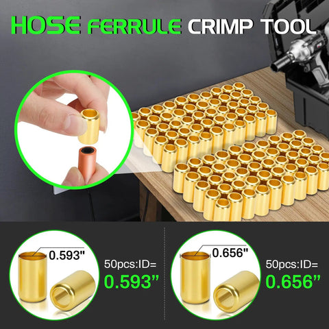 Heavy Duty Hose Crimper And Crimping Tool With Ferrules Pack Of 50 For 1/4, 5/16, 3/8 Inch PVC And Rubber Hoses And Air Hoses