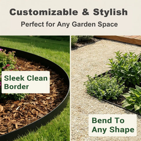 Heavy Duty 4.5 Inch Metal Landscape Edging Kit With 11 Stakes, 40 Inch Panels, 33 Feet Total Length, Galvanized Steel With Powder Coat shown as garden border edging with sleek clean border and flexible bend to any shape in two garden styles