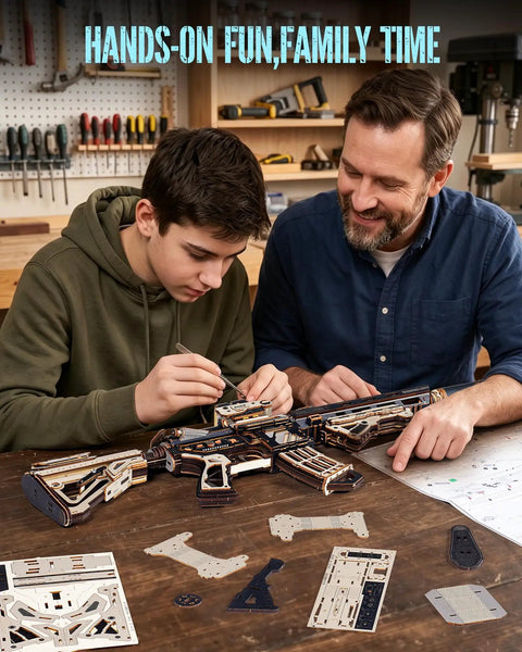 3D Wooden Puzzle Kit With Rubber Band Launching Mechanism DIY Hands On Build Toy For Teens And Adults Movable Stock Detachable Magazine Premium Wood Craft Gift Edition, father and son assembling