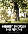 Man trimming grass wearing WorkTunes Connect Solar Wireless Hearing Protector With Bluetooth, 26 dB NRR, Solar Charging