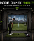 Golfer using Mobile Golf Simulator Net 10ft With Steel Frame And Impact Screen for practice indoors with realistic swing interface