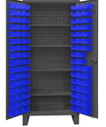 Heavy Duty Lockable Parts Cabinet With 96 Blue Hook On Bins 36 Wide Tool Storage Solution, interior view with shelves and bins.
