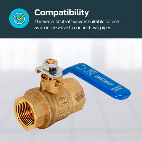 Brass 3/4 inch IPS full-port ball valve with blue Eastman handle and threaded female fittings (angled front view)