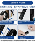 Steps showing Low Profile Floor Cord Cover 4ft for extension cords and cables, including flattening, cutting, inserting, and adhesion.
