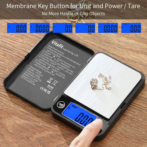 Ultra Accurate 0.01g Digital Pocket Scale with 500g capacity measuring jewelry, features blue LCD and stainless tray
