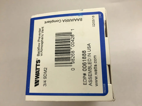 Box label for 9D Series 3/4 In Brass Dual Check Valve Backflow Preventer with Union Female NPT Inlet to Female NPT Outlet.