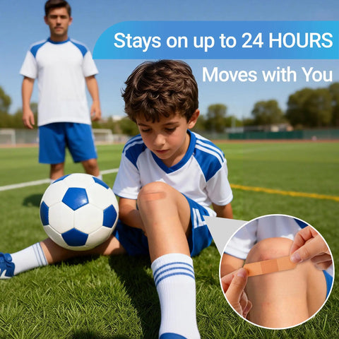Child with Heavy Duty Waterproof Adhesive Bandages Three Quarter By Three Inch Bulk Pack playing soccer, close-up of knee bandage