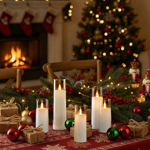Set Of 5 Battery Operated Flameless LED Pillar Candles With Acrylic Shell, Remote Control And Timer, Realistic 3D Wick