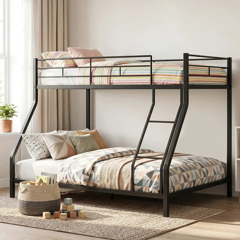 Sturdy Twin Over Full Metal Bunk Bed With Ladder And Full Length Guardrails Space Saving Steel Frame in shared room