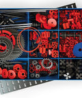 Gear Driven Learning Kit With 291 High Quality Parts Including Gear Wheels, Racks, Axles And Worms For Hands On STEM Building, Real World Mechanisms And Creative Play, Made In Germany For Inventors And Makers. Open box with gears and axles
