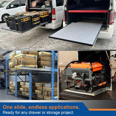 Rock Solid 60 Inch Heavy Duty Drawer Slides With Security Lock Industrial Grade Full Extension Tool Cabinet Slides Built Tough For High Load Pickup Trucks Runs Smooth As Silk, shown in a van's rear with toolboxes.