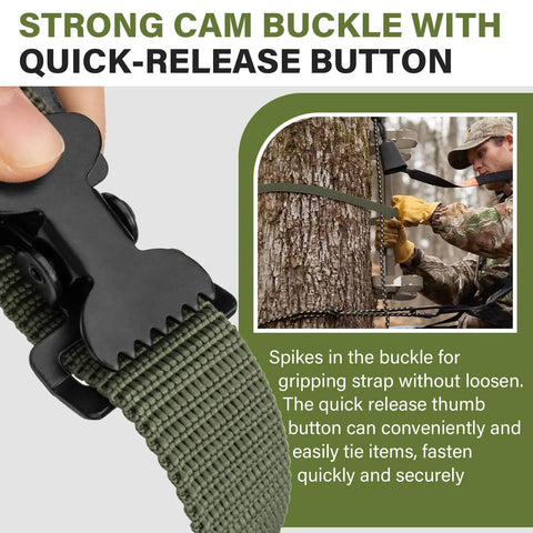 Detail of Beefy Tree Stand Straps with strong cam buckle, quick-release button for climbing stands and safety gear, 75 inch length