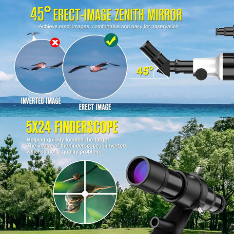 Diagram of 45° erect-image zenith mirror and 5x24 finderscope for High Powered 80mm 900mm Refractor Telescope For Adults