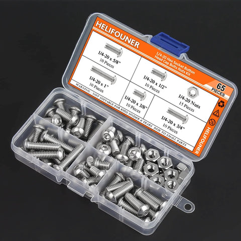 Front view of HELIFOUNER 65-piece stainless steel UNC socket head cap screws and nuts kit in clear plastic case