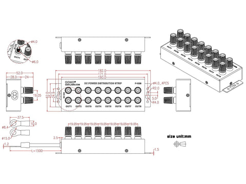 Technical diagram of 8 Port DC Power Distribution Strip with Banana Jack Outputs, heavy-duty pro lab power splitter, dimensions shown.