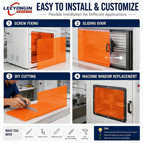 Straight Up Heavy Duty Laser Safety Window Orange Polycarbonate Sheet For 190 To 540 Nm OD6 installation process with DIY steps.