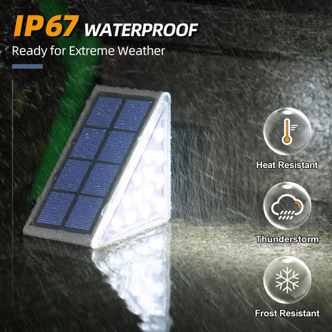 Six Pack Solar Step Lights Outdoor IP67 Waterproof Auto On Off Cool White Led Stair Lights shown in rain