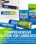 Front view of Better Boat Marine Grease tubes and boxes (14 oz), blue-green packaging, NLGI #2, PTFE.