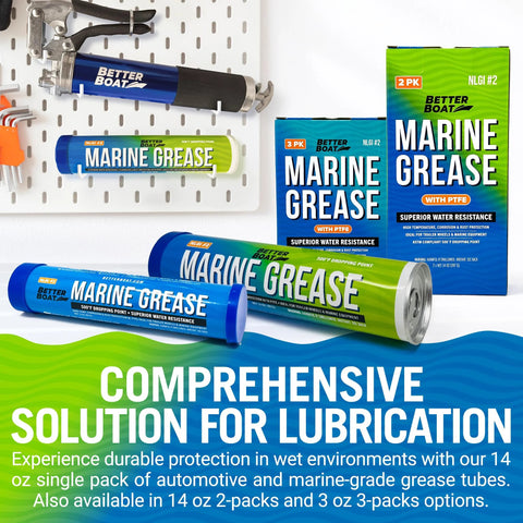 Front view of Better Boat Marine Grease tubes and boxes (14 oz), blue-green packaging, NLGI #2, PTFE.