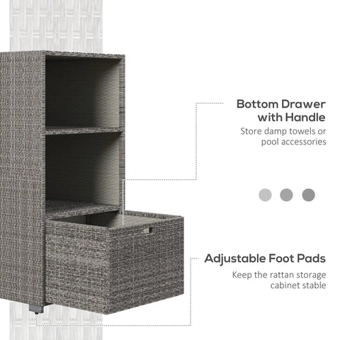 Valet Pool Towel Rack With Waterproof PE Plastic Rattan Wicker Storage Organizer, 2 shelves, 1 basket drawer, mixed gray
