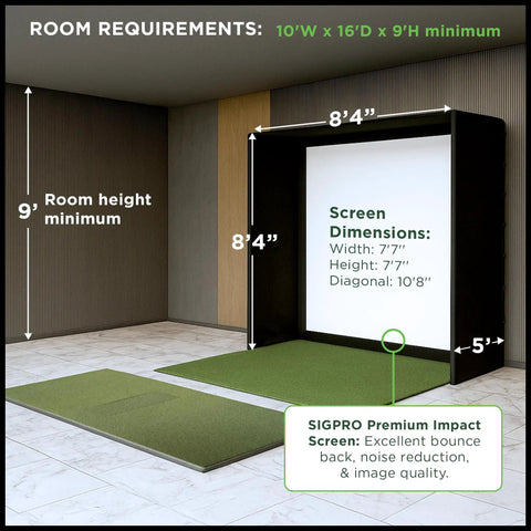 Pro Grade Indoor Golf Simulator Enclosure Kit with Impact Screen and Protective Padding No Fuss Push Pin Setup displaying dimensions