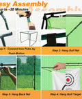 Step-by-step assembly of Golf Driving Cage Net 8x8x8 Ft Heavy Duty Steel Frame Enclosure with tear-resistant netting.