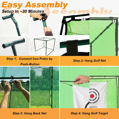 Step-by-step assembly of Golf Driving Cage Net 8x8x8 Ft Heavy Duty Steel Frame Enclosure with tear-resistant netting.