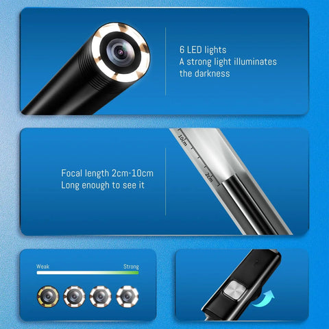 Portable Endoscope Camera With Light 1920P HD Borescope 8 LED Lights SemiRigid Snake Cable IP67 Waterproof For iOS And Android USB Type C And Micro USB Compatibility No Bluetooth Or WiFi Needed No BS Confined Space Inspection close-up of camera head and 8 LED ring