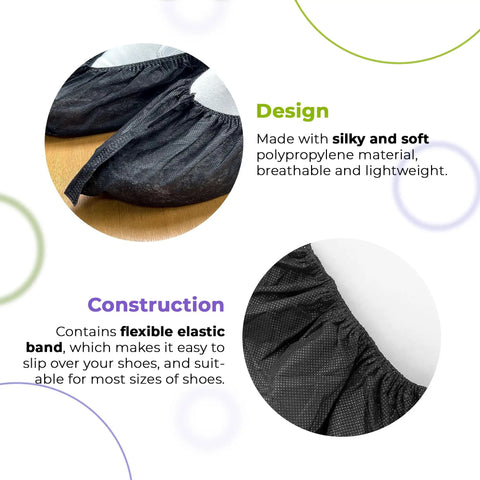 Close-up of black disposable indoor shoe covers showcasing silky polypropylene material and flexible elastic band.