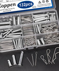 132-Piece Clevis Pin, Cotter Pin, And Hair Pin Set With 304 Stainless Steel in labeled box on black surface